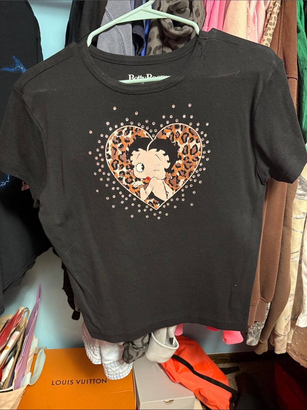Betty Boop Black Tee with Leopard Heart Graphic